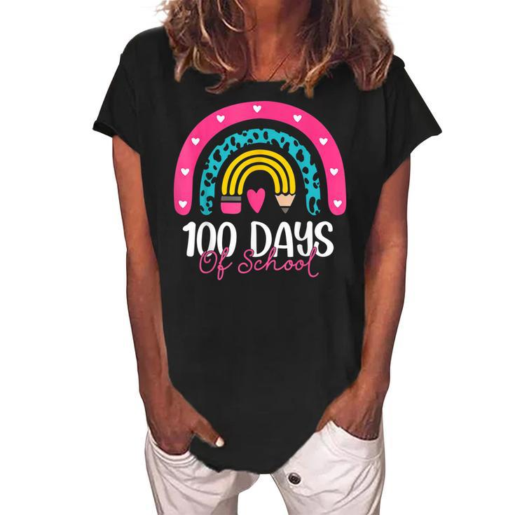 100 Days Smarter 100 Days Of School Rainbow Teachers Kids  Women's Loosen Crew Neck Short Sleeve T-Shirt