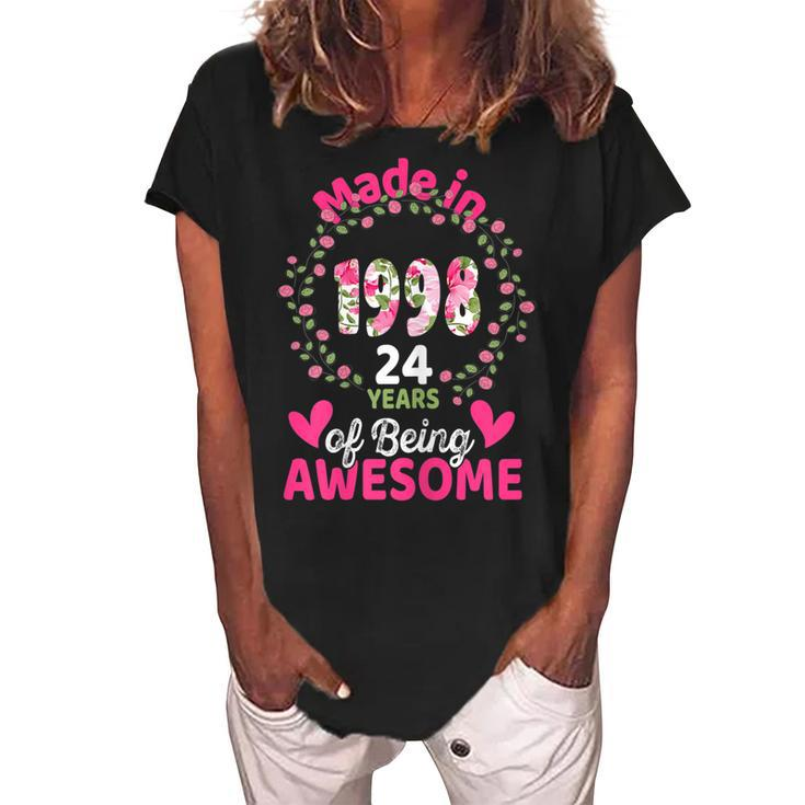 24 Years Old 24Th Birthday Born In 1998 Women Girls Floral  Women's Loosen Crew Neck Short Sleeve T-Shirt