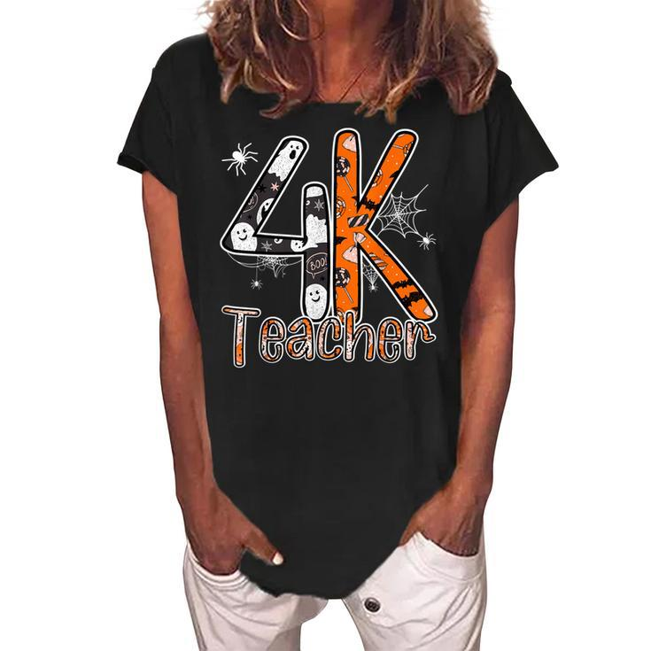 4K Teacher Halloween Trick Or Treat Happy Spooky Season  Women's Loosen Crew Neck Short Sleeve T-Shirt