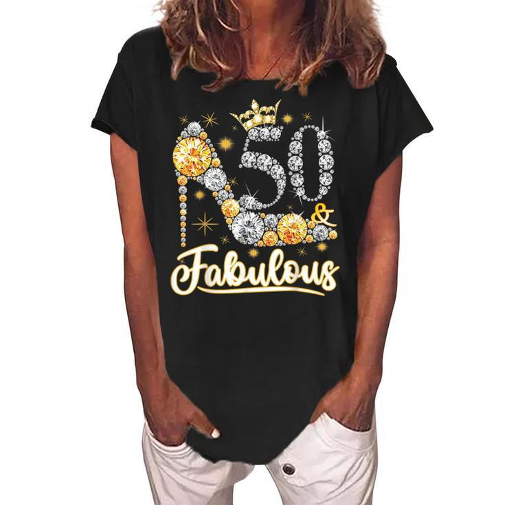 50 & Fabulous 50 Years Old 50Th Birthday Diamond Crown Shoes  V2 Women's Loosen Crew Neck Short Sleeve T-Shirt
