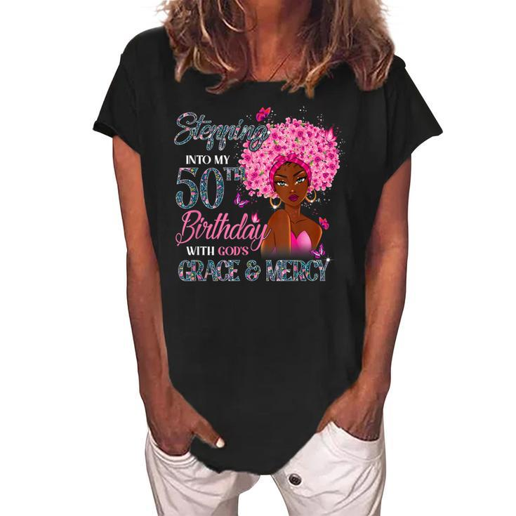 50Th Birthday Squad Stepping Into 50 Years Old Black Womens  Women's Loosen Crew Neck Short Sleeve T-Shirt