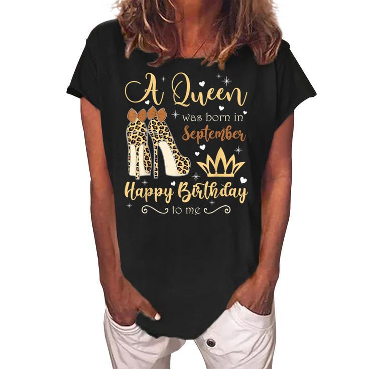 A Queen Was Born In September Birthday For Women Leopard  Women's Loosen Crew Neck Short Sleeve T-Shirt