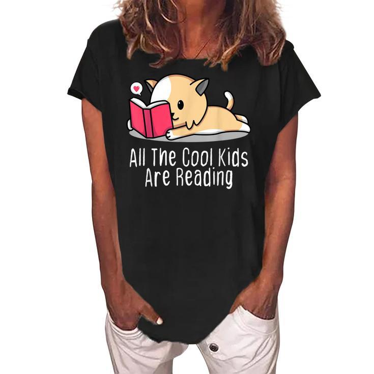 All The Cool Kids Are Reading  Book Cat Lovers  Women's Loosen Crew Neck Short Sleeve T-Shirt