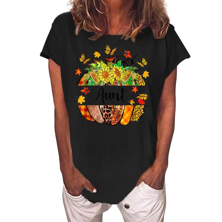 Aunt Fall Leopard Pumpkin Sunflowers Autumn Thanksgiving  Women's Loosen Crew Neck Short Sleeve T-Shirt
