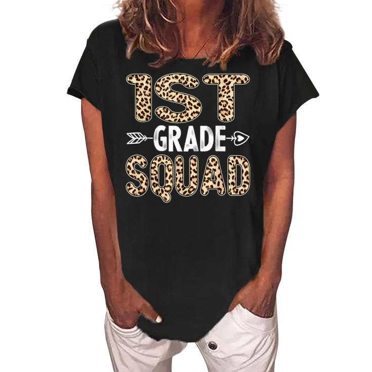 Back To School First Grade 1St Grade Leopard Squad Teacher  Women's Loosen Crew Neck Short Sleeve T-Shirt