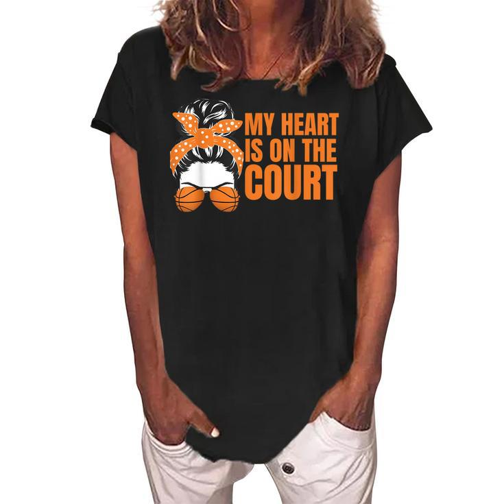 Basketball Mom Messy Bun Proud Mama Bball Basketball Glasses  V2 Women's Loosen Crew Neck Short Sleeve T-Shirt