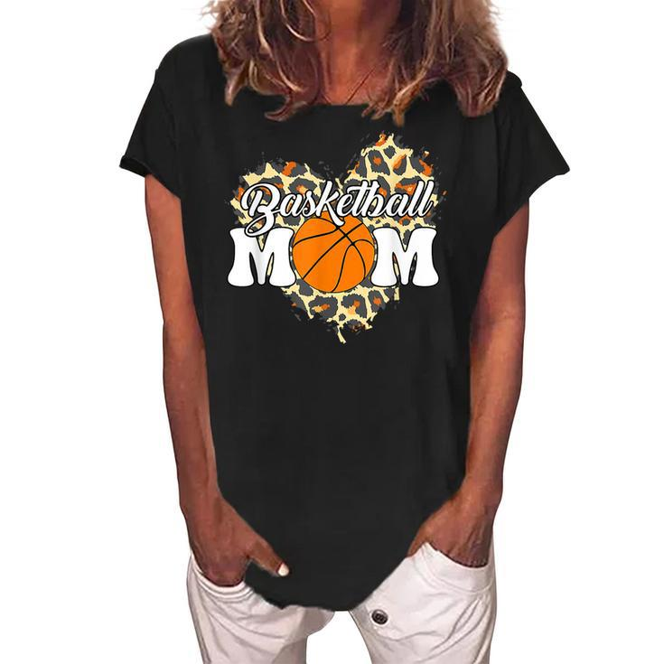 Basketball Mom Mothers Day Leopard Heart Baket Mom  Women's Loosen Crew Neck Short Sleeve T-Shirt