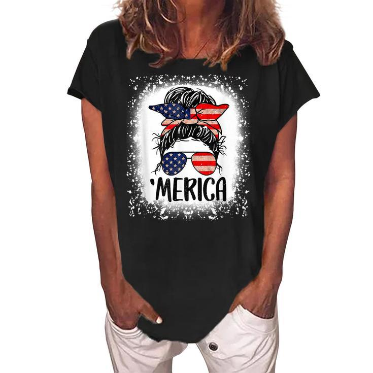 Bleached Merica 4Th Of July Girl Sunglasses Messy Bun  Women's Loosen Crew Neck Short Sleeve T-Shirt