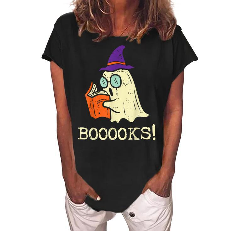 Books Ghost Boo Funny Reading Halloween Teacher Librarian  Women's Loosen Crew Neck Short Sleeve T-Shirt