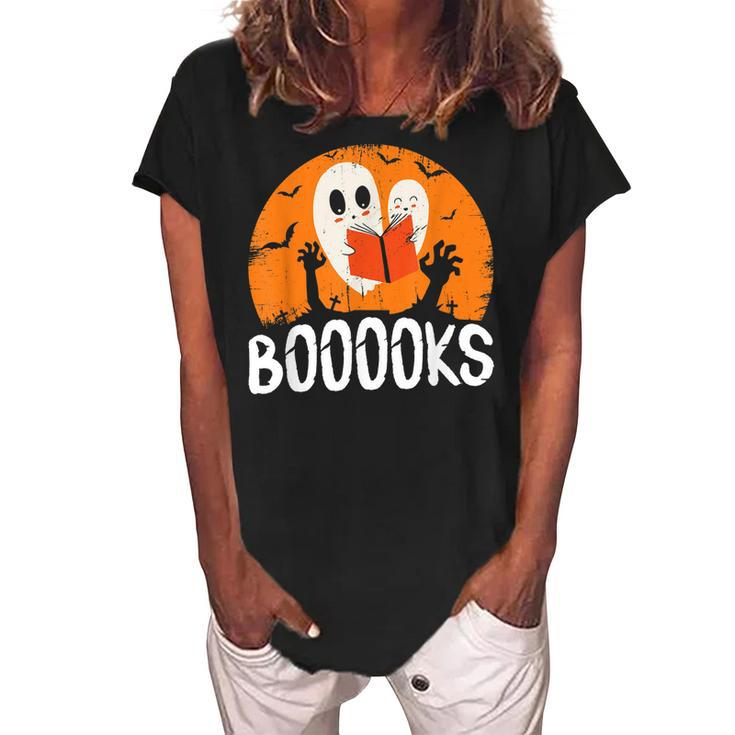 Boooks Funny Halloween Ghost Bookworm Spooky Season Reading  Women's Loosen Crew Neck Short Sleeve T-Shirt