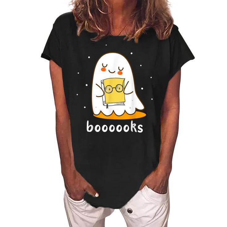Booooks Cute Ghost Reading Library Books Halloween Teacher  Women's Loosen Crew Neck Short Sleeve T-Shirt