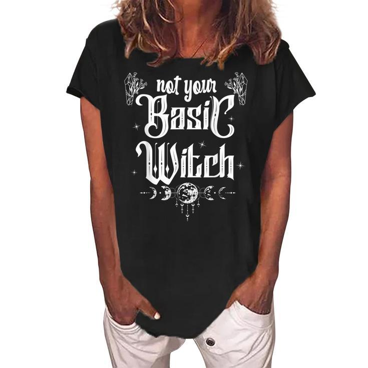 Celestial Witch Crescent Halloween Basic Witch Crystal Wicca  Women's Loosen Crew Neck Short Sleeve T-Shirt