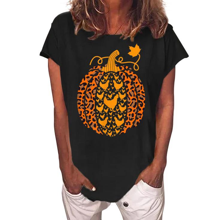 Chicken Pumpkin Leopard Print Halloween Costume Fall Autumn  Women's Loosen Crew Neck Short Sleeve T-Shirt
