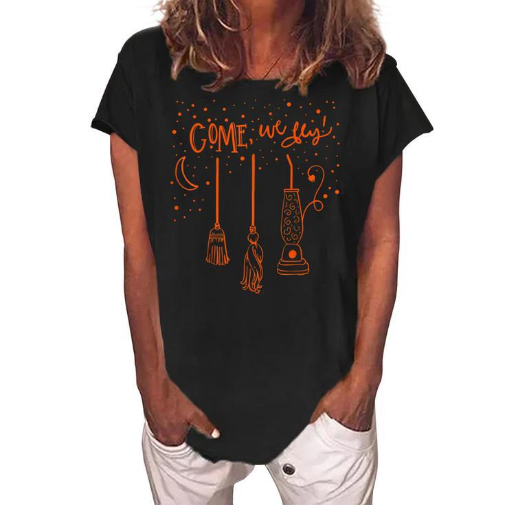 Come We Fly Basic Witch Broom Happy Halloween  Women's Loosen Crew Neck Short Sleeve T-Shirt