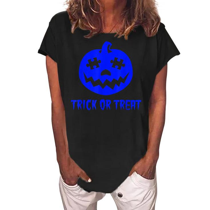Cool Trick Or Treat Blue Autism Awareness Pumpkin Halloween  Women's Loosen Crew Neck Short Sleeve T-Shirt