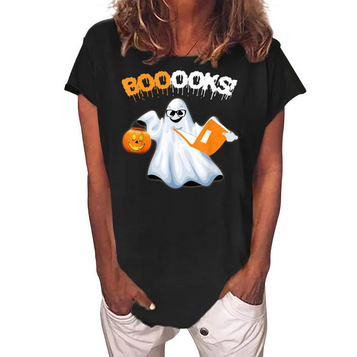 Cute Booooks Ghost Boo Read Books Library Teacher Halloween  Women's Loosen Crew Neck Short Sleeve T-Shirt