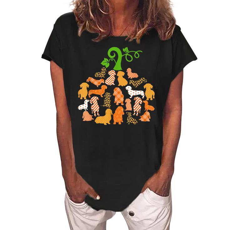 Dachshund Pumpkin Shape Plaid Leopard Dog Autumn Halloween  Women's Loosen Crew Neck Short Sleeve T-Shirt