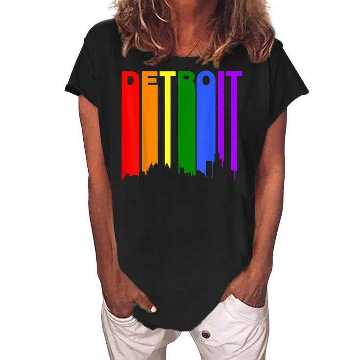 Detroit Michigan Rainbow Skyline Lgbt Gay Pride  Women's Loosen Crew Neck Short Sleeve T-Shirt