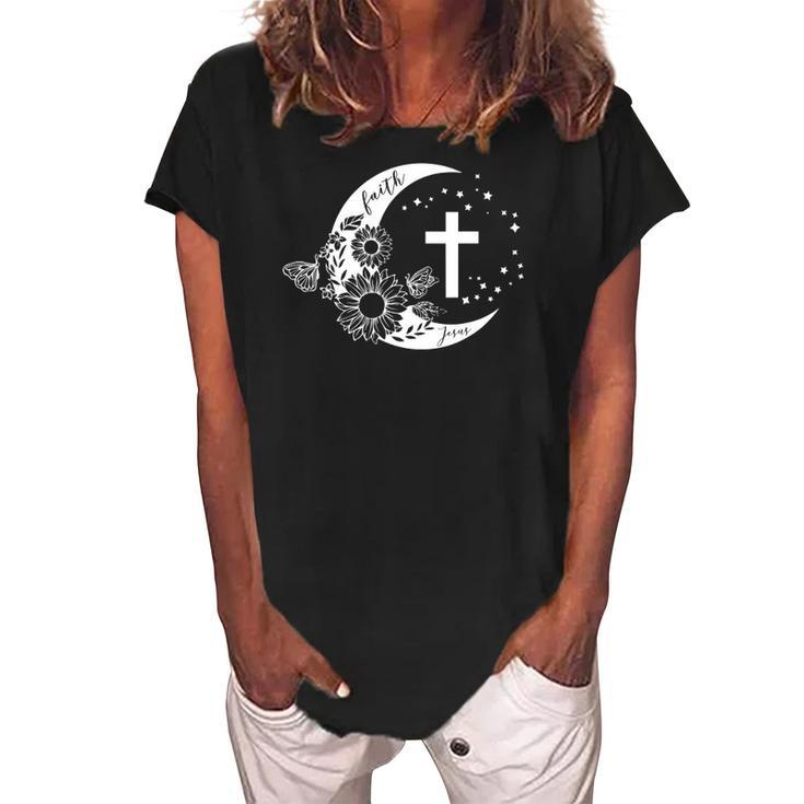 Faith Cross Crescent Moon With Sunflower Christian Religious Women's Loosen Crew Neck Short Sleeve T-Shirt