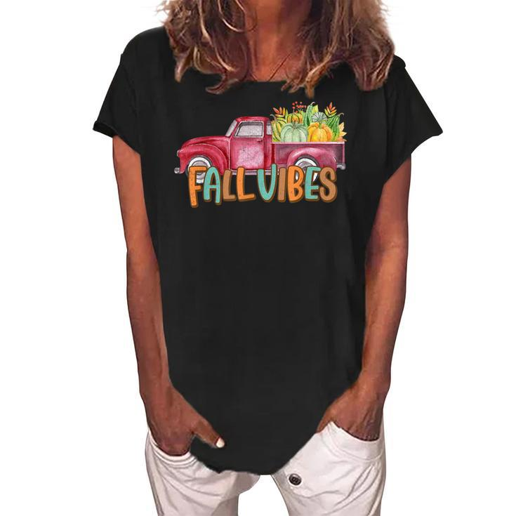 Fall Vibes Old School Truck Full Of Pumpkins And Fall Colors  Women's Loosen Crew Neck Short Sleeve T-Shirt