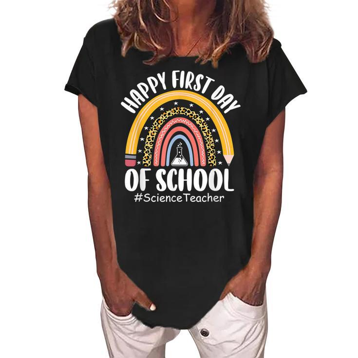 First Day Of School Science Teacher Rainbow Back To School  Women's Loosen Crew Neck Short Sleeve T-Shirt