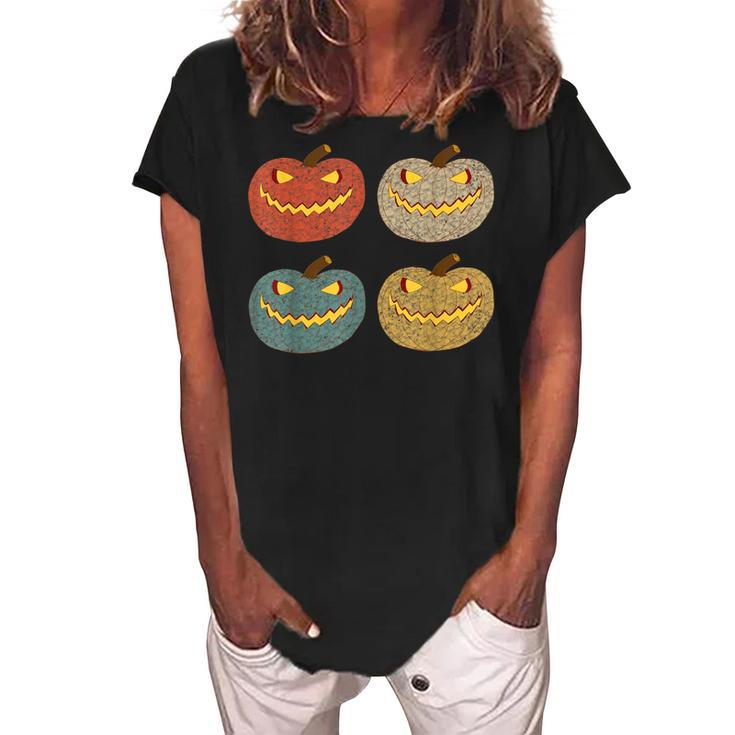 Four Scary Glowing Pumpkins Halloween Jack O Lantern Fall  Women's Loosen Crew Neck Short Sleeve T-Shirt