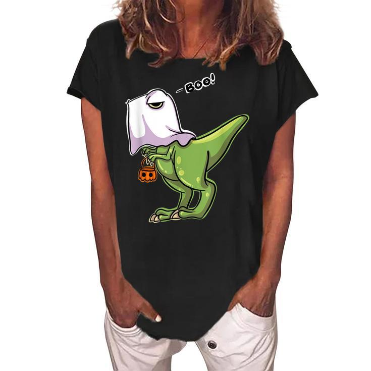 Funny Dinosaur Dressed As Halloween Ghost For Trick Or Treat  Women's Loosen Crew Neck Short Sleeve T-Shirt
