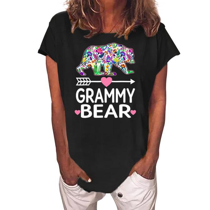 Funny Grammy Bear Mothers Day Floral Matching Family Outfits Women's Loosen Crew Neck Short Sleeve T-Shirt