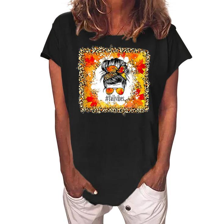Funny Mom Life Messy Bun Pumpkin Spice Vibes Fall  Women's Loosen Crew Neck Short Sleeve T-Shirt