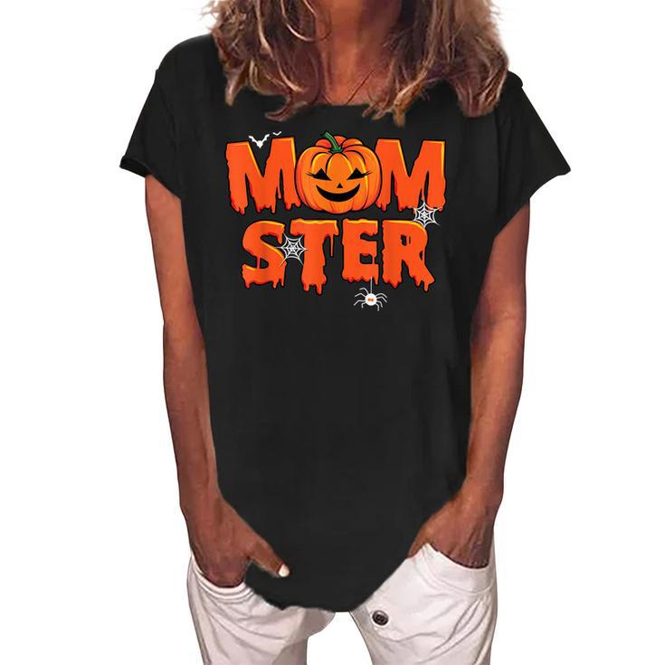 Funny Momster Halloween Mom Pumpkin Costume Family Matching  Women's Loosen Crew Neck Short Sleeve T-Shirt