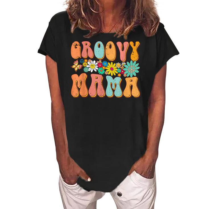 Funny Retro Groovy Birthday Family Matching Cute Groovy Mama  Women's Loosen Crew Neck Short Sleeve T-Shirt