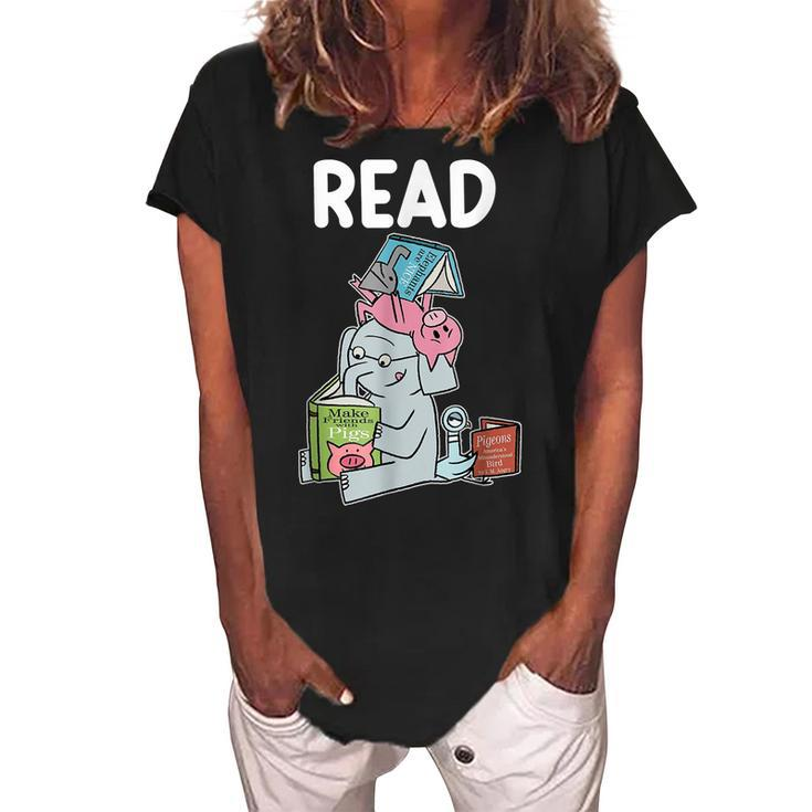 Funny Teacher Library Read Book Club Piggie Elephant Pigeons  Women's Loosen Crew Neck Short Sleeve T-Shirt - Thegiftio