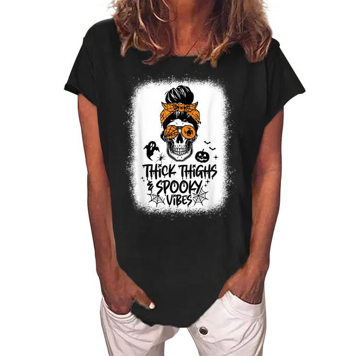 Funny Thick Thighs & Spooky Vibes Skull Messy Bun Halloween  Women's Loosen Crew Neck Short Sleeve T-Shirt