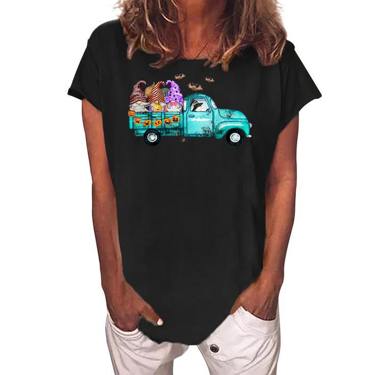 Funny Women Halloween Truck Gnomes Pumpkin Kids Thanksgiving  Women's Loosen Crew Neck Short Sleeve T-Shirt