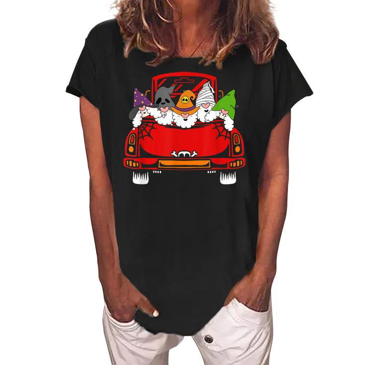 Gnome Riding Car Lazy Halloween Costume Ghost Witch Mummy  Women's Loosen Crew Neck Short Sleeve T-Shirt