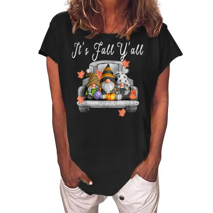 Gnomes Pumpkin Its Fall Yall Truck Halloween Thanksgiving  Women's Loosen Crew Neck Short Sleeve T-Shirt