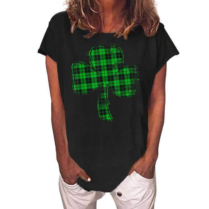 Green Buffalo Plaid Shamrock Lucky St Patricks Day Womens  Women's Loosen Crew Neck Short Sleeve T-Shirt