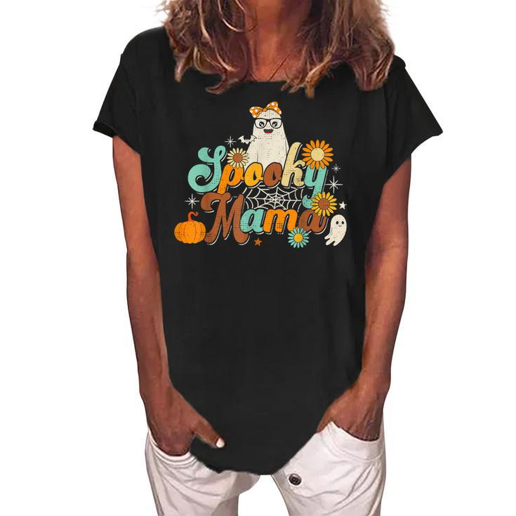 Groovy Spooky Mama Ghost Boo Halloween Costume Retro Hippie  Women's Loosen Crew Neck Short Sleeve T-Shirt