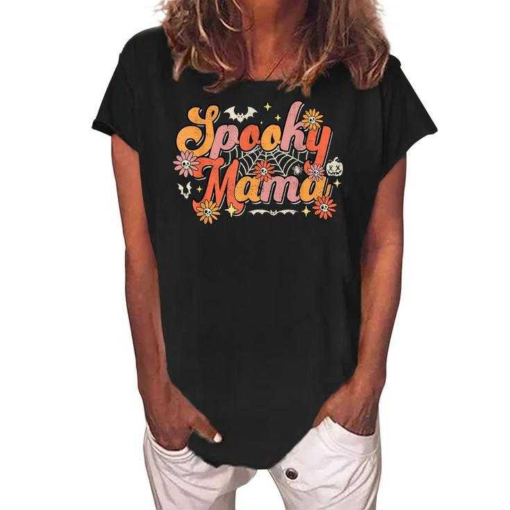 Groovy Spooky Mama Retro Halloween Ghost Witchy Spooky Mom  Women's Loosen Crew Neck Short Sleeve T-Shirt