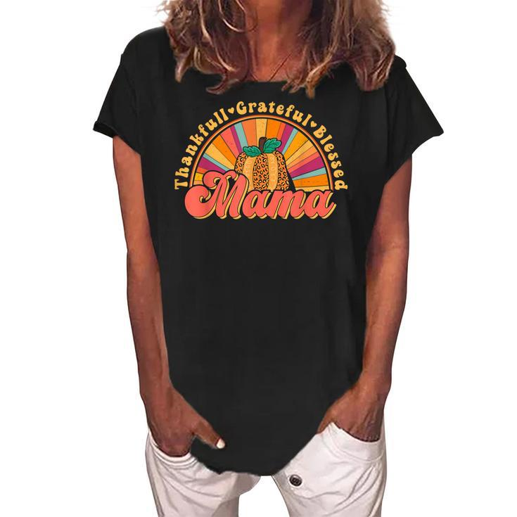Groovy Thankful Grateful Blessed Mama Retro Pumpkin Fall  Women's Loosen Crew Neck Short Sleeve T-Shirt