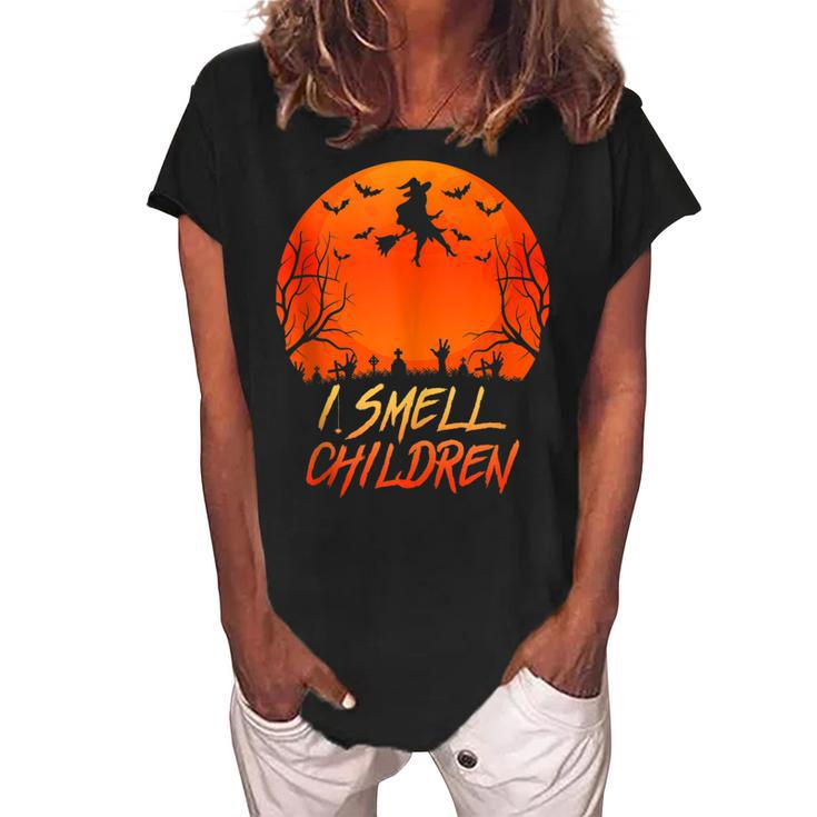 Halloween Pregnancy Announcement Witch I Smell Children Women's Loosen Crew Neck Short Sleeve T-Shirt