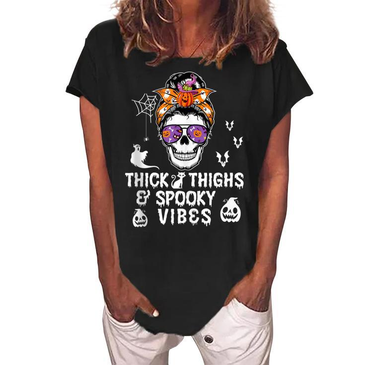 Halloween Skull Messy Bun Thick Thighs And Spooky Vibes  Women's Loosen Crew Neck Short Sleeve T-Shirt
