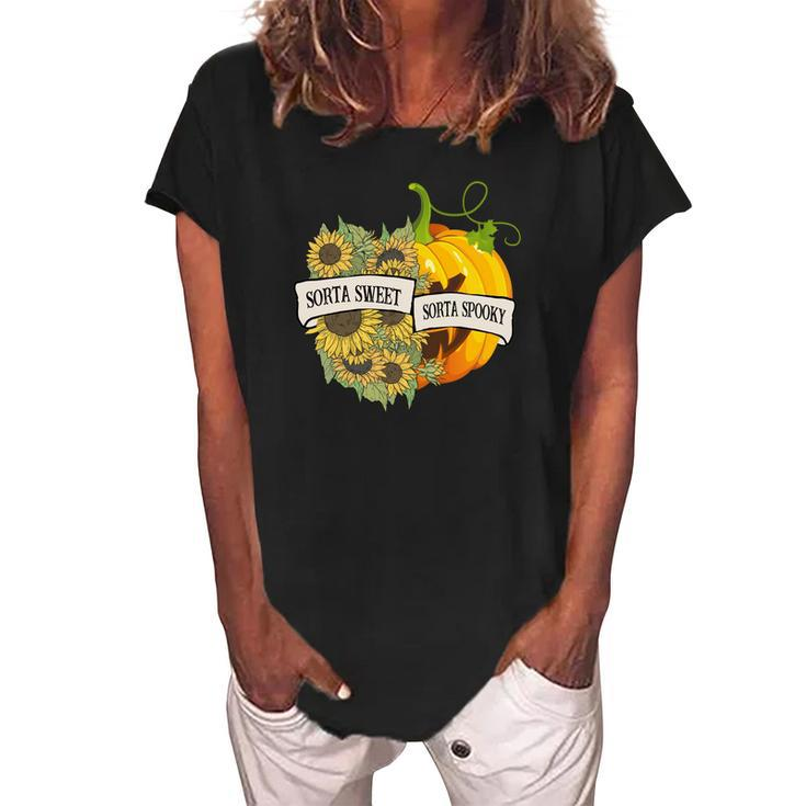 Halloween Sorta Sweet Sorta Spooky Pumpkin Sunflower Women's Loosen Crew Neck Short Sleeve T-Shirt