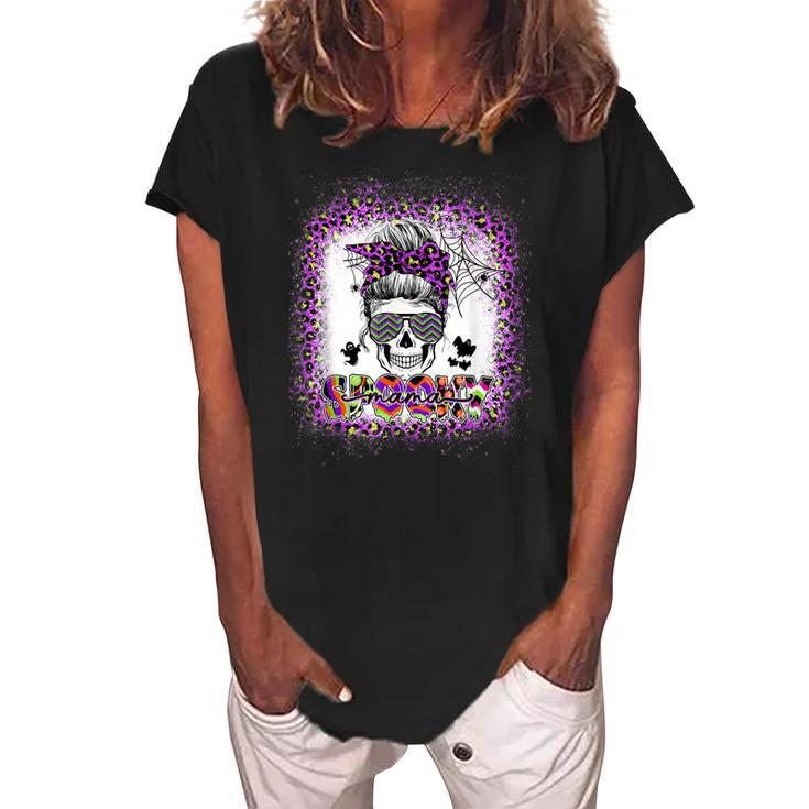 Halloween Spooky Mama Bleached Messy Bun   V2 Women's Loosen Crew Neck Short Sleeve T-Shirt