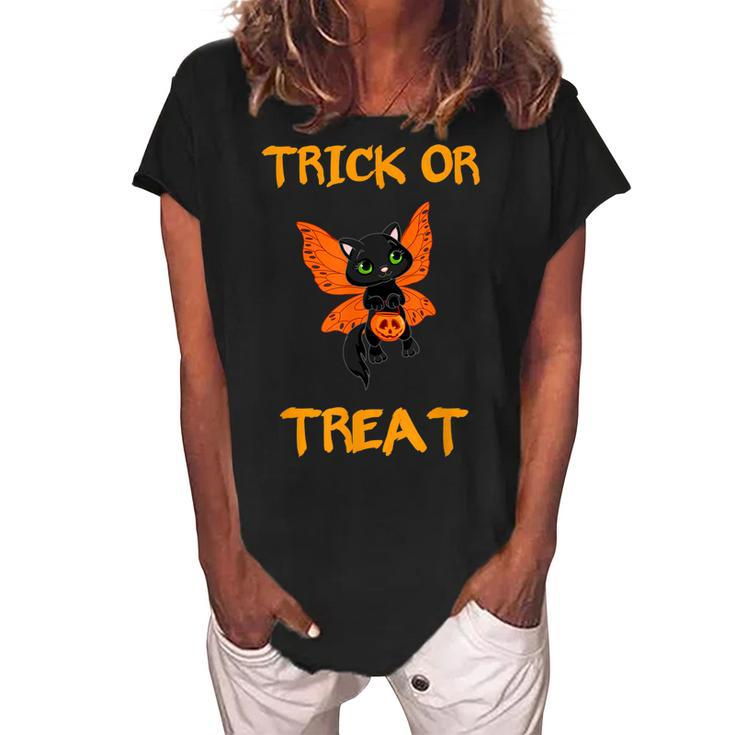 Halloween T  Black Cat Candy Trick Or Treat  Women's Loosen Crew Neck Short Sleeve T-Shirt