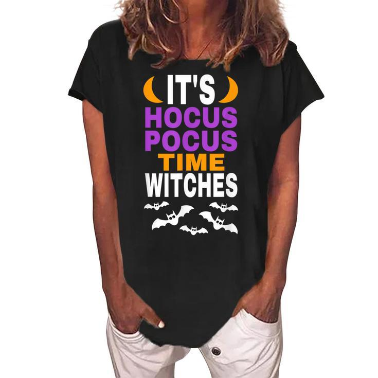 Halloween T  Its Hocus Pocus Time Witches Bats Flying Women's Loosen Crew Neck Short Sleeve T-Shirt