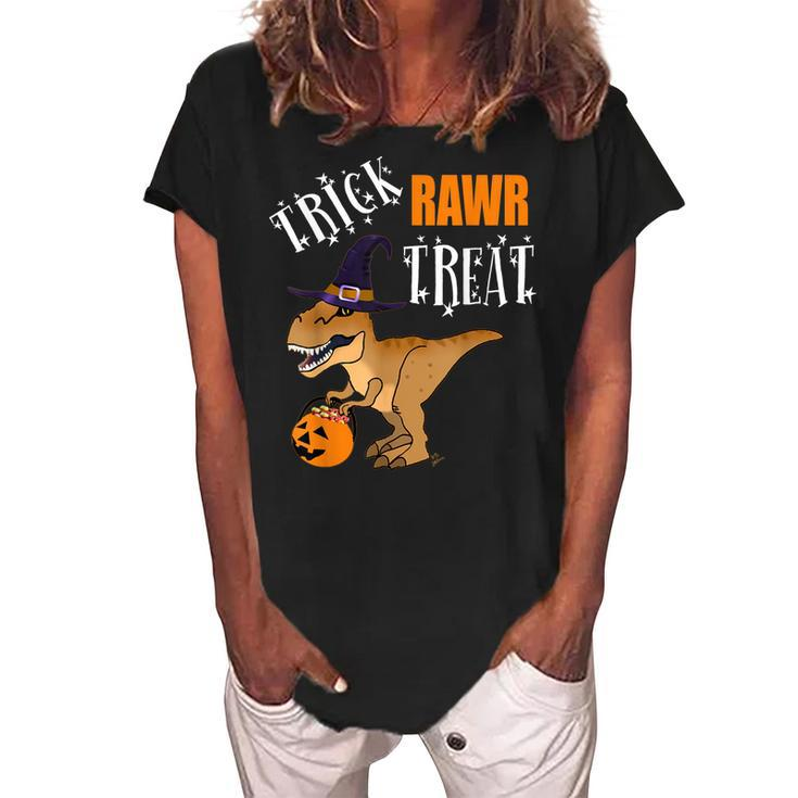 Halloween T Rex - Witch - Trick Or Treat - Trick Rawr Treat  Women's Loosen Crew Neck Short Sleeve T-Shirt