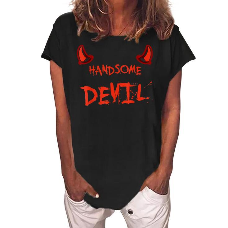 Handsome Devil Blood Horns Halloween Night Party Costume  Women's Loosen Crew Neck Short Sleeve T-Shirt