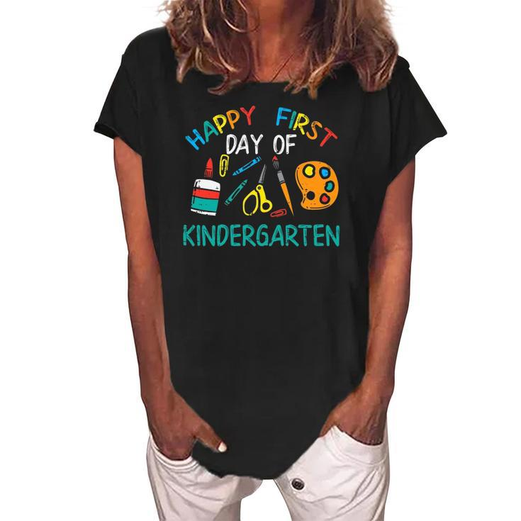 Happy First Day Of Kindergarten Back To Boys Girls Teacher Women's Loosen Crew Neck Short Sleeve T-Shirt