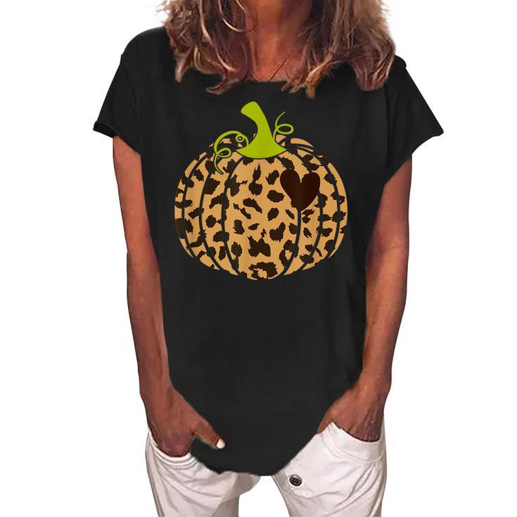 Hello Fall Animal Print Leopard Heart Pumpkin Fall Halloween  V2 Women's Loosen Crew Neck Short Sleeve T-Shirt